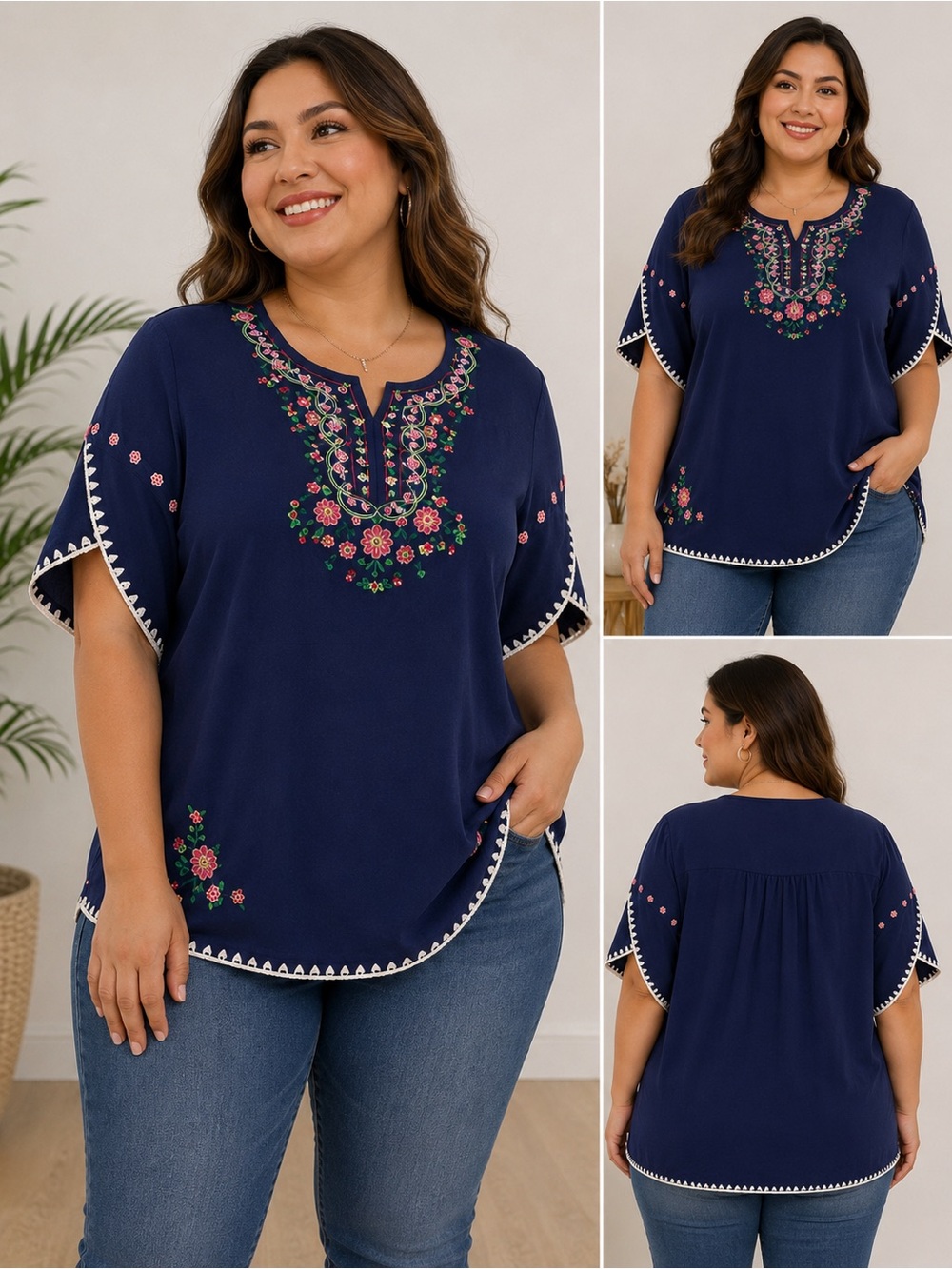 Women’s XL Navy Blue Embroidered Floral Boho Tunic Top 100% Cotton 3/4 Sleeve